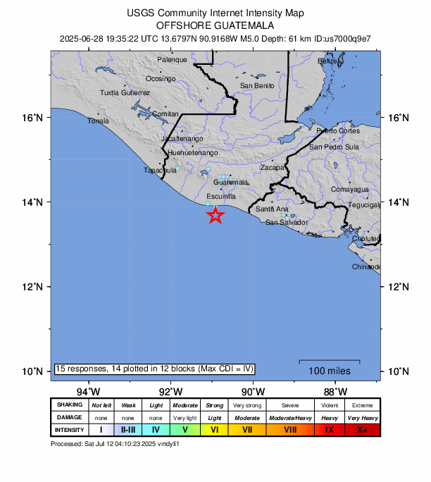 USGS DYFI community-reported intensity map for the M5.0 earthquake near 24 km SSW of Puerto San José, Guatemala