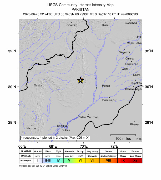 USGS DYFI community-reported intensity map for the M5.2 earthquake near 56 km NNE of Barkhan, Pakistan
