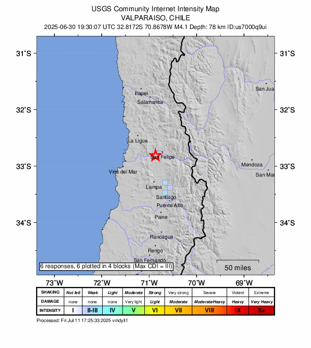 USGS DYFI community-reported intensity map for the M4.1 earthquake near 8 km ENE of Llaillay, Chile