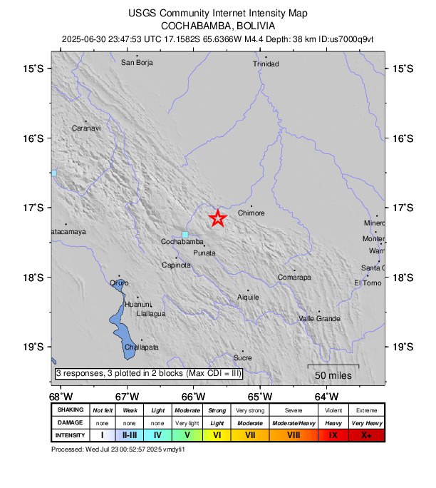 USGS DYFI community-reported intensity map for the M4.4 earthquake near 26 km NE of Colomi, Bolivia