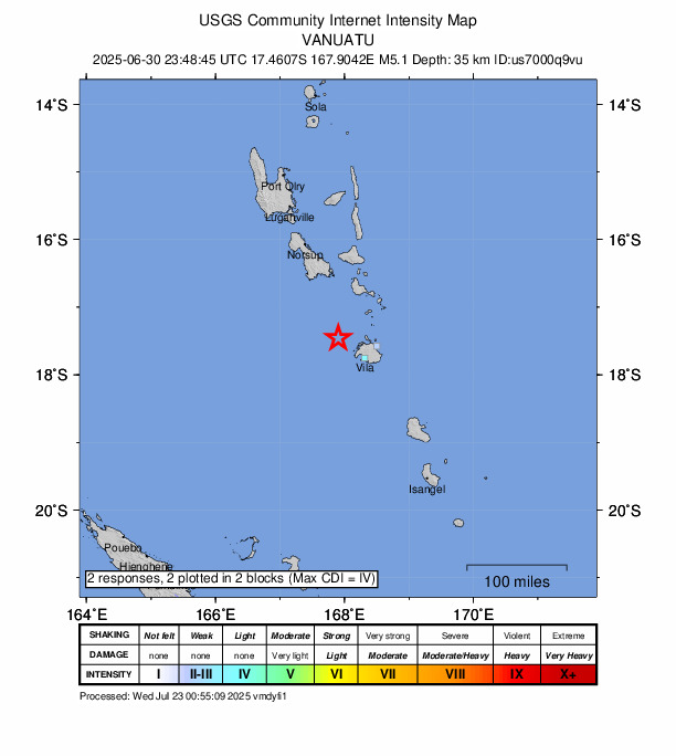 USGS DYFI community-reported intensity map for the M5.1 earthquake near 53 km NW of Port-Vila, Vanuatu