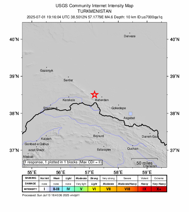 USGS DYFI community-reported intensity map for the M4.6 earthquake near 23 km WNW of Baharly, Turkmenistan