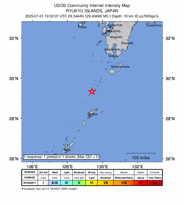 USGS DYFI community-reported intensity map for the M5.1 earthquake near 100 km N of Tatsugō, Japan