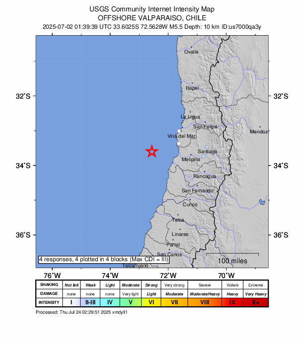 USGS DYFI community-reported intensity map for the M5.5 earthquake near 88 km W of San Antonio, Chile