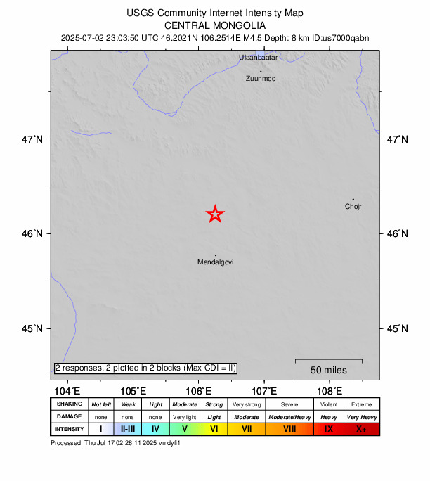 USGS DYFI community-reported intensity map for the M4.5 earthquake near 48 km N of Mandalgovi, Mongolia