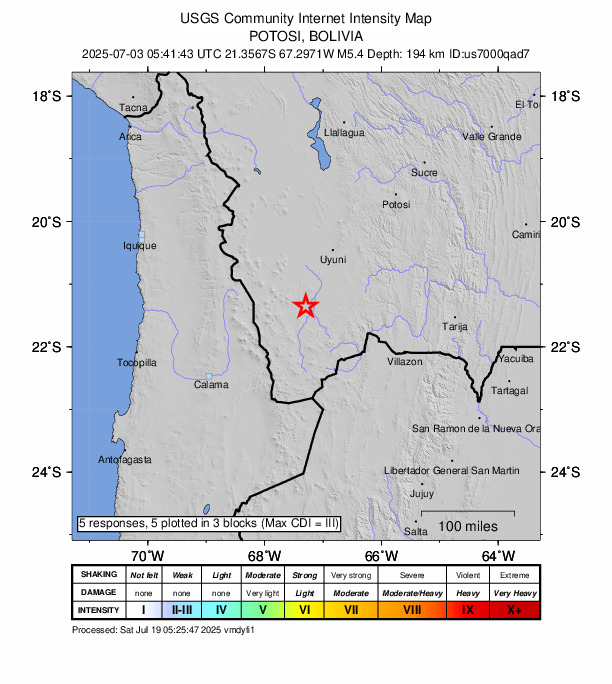 USGS DYFI community-reported intensity map for the M5.4 earthquake near 100 km E of Ollagüe, Chile