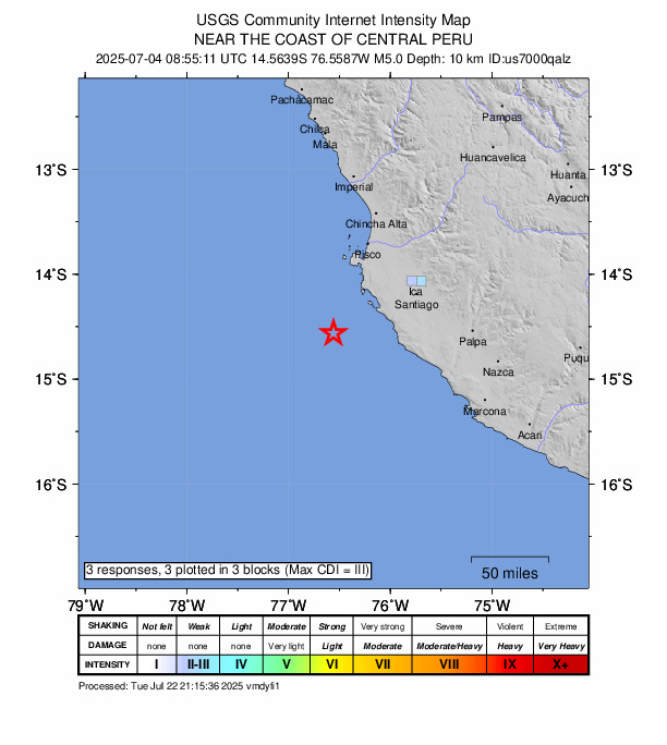 USGS DYFI community-reported intensity map for the M5.0 earthquake near 83 km SSW of Paracas, Peru