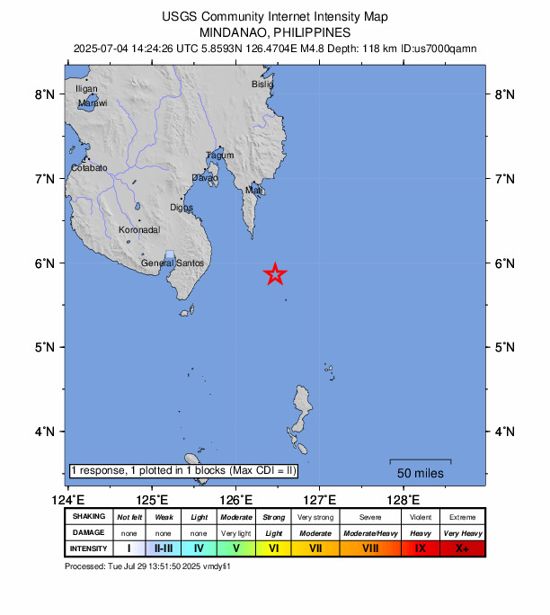 USGS DYFI community-reported intensity map for the M4.8 earthquake near 64 km SSE of Pondaguitan, Philippines