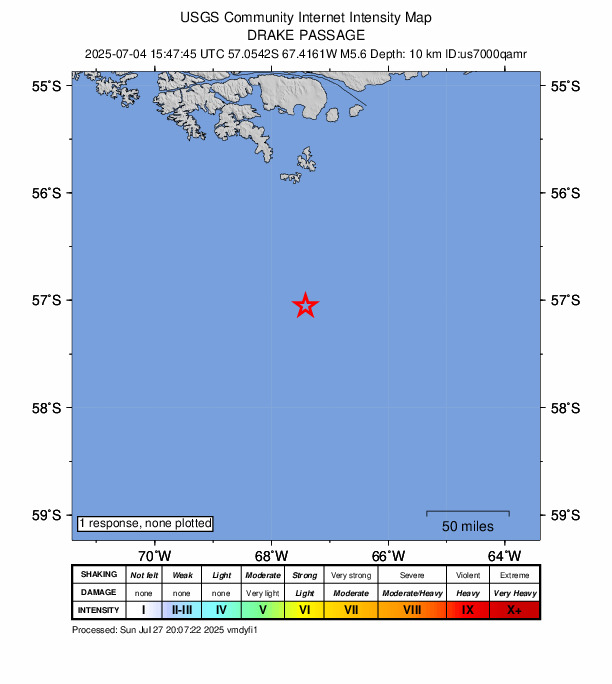 USGS DYFI community-reported intensity map for the M5.6 earthquake near 256 km SSE of Ushuaia, Argentina