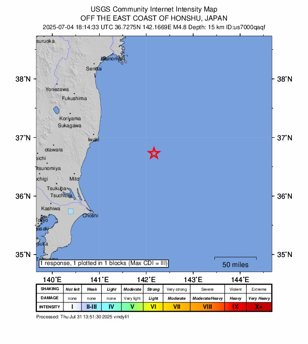USGS DYFI community-reported intensity map for the M4.8 earthquake near 114 km ESE of Iwaki, Japan