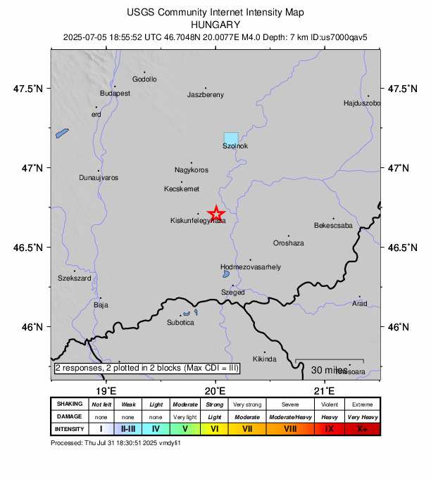USGS DYFI community-reported intensity map for the M4.0 earthquake near 9 km NNE of Pálmonostora, Hungary