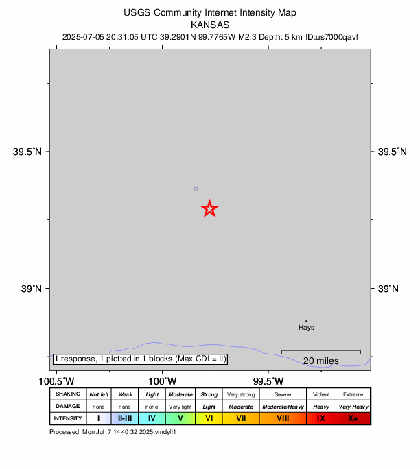 USGS DYFI community-reported intensity map for the M2.3 earthquake near 10 km SE of Hill City, Kansas