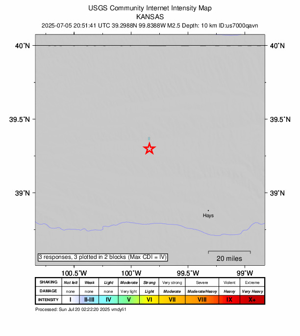 USGS DYFI community-reported intensity map for the M2.5 earthquake near 7 km S of Hill City, Kansas