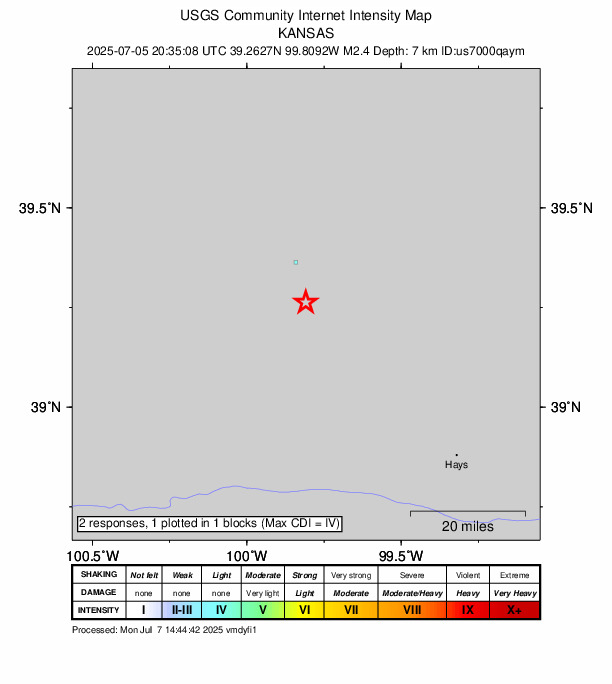 USGS DYFI community-reported intensity map for the M2.4 earthquake near 11 km SSE of Hill City, Kansas