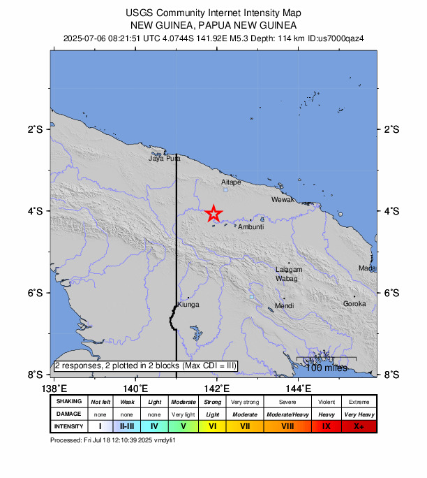 USGS DYFI community-reported intensity map for the M5.3 earthquake near 100 km W of Ambunti, Papua New Guinea