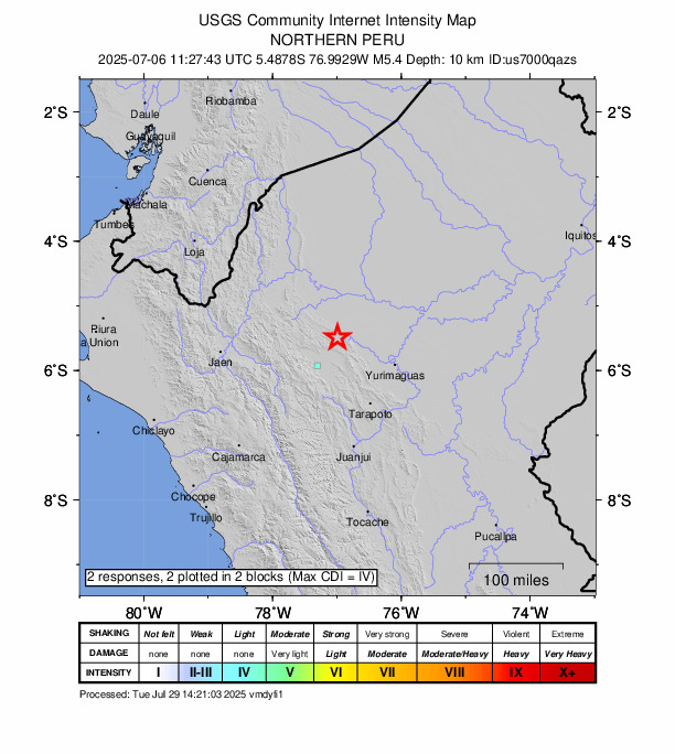 USGS DYFI community-reported intensity map for the M5.1 earthquake near 53 km N of Moyobamba, Peru