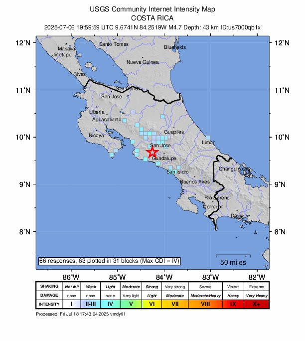 USGS DYFI community-reported intensity map for the M4.7 earthquake near 7 km SSW of Tejar, Costa Rica