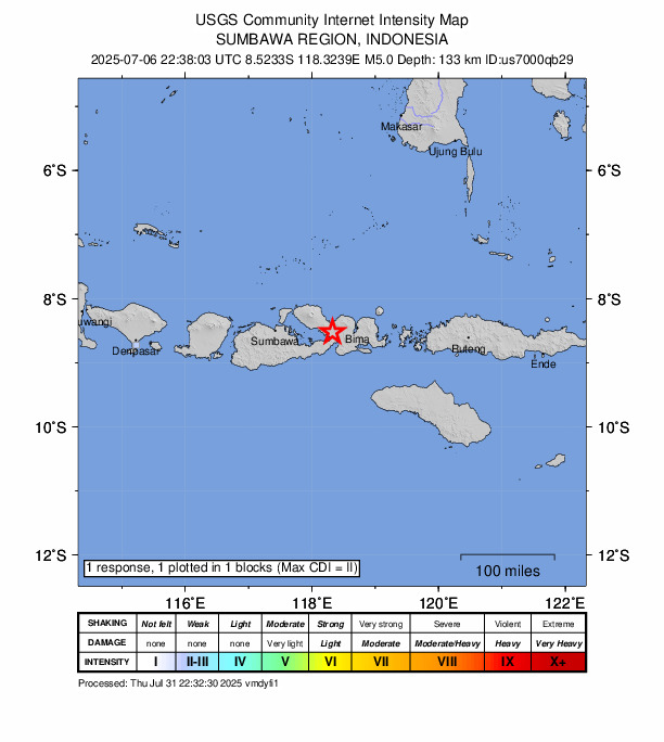 USGS DYFI community-reported intensity map for the M5.0 earthquake near 15 km W of Dompu, Indonesia