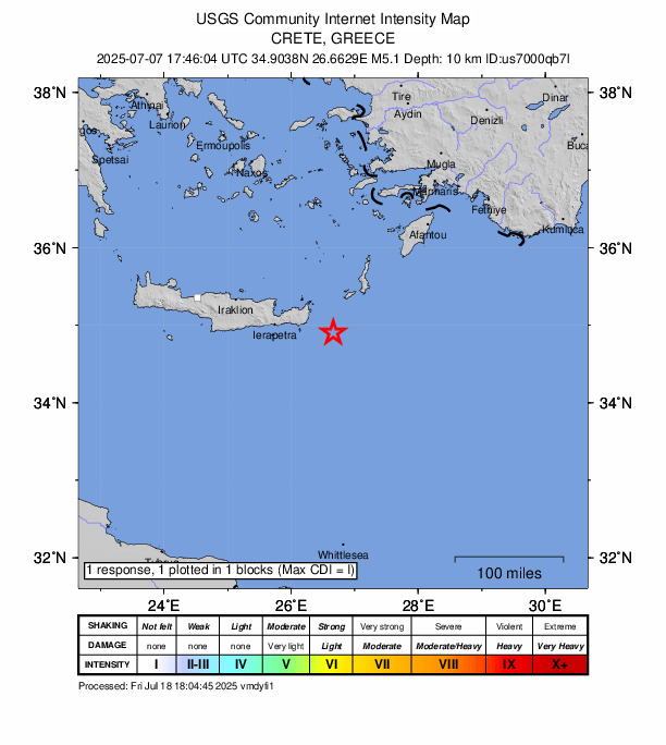 USGS DYFI community-reported intensity map for the M4.9 earthquake near 49 km SE of Palekastro, Greece