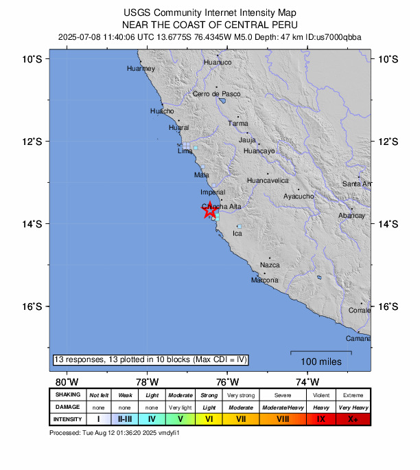 USGS DYFI community-reported intensity map for the M5.0 earthquake near 25 km W of Pisco, Peru