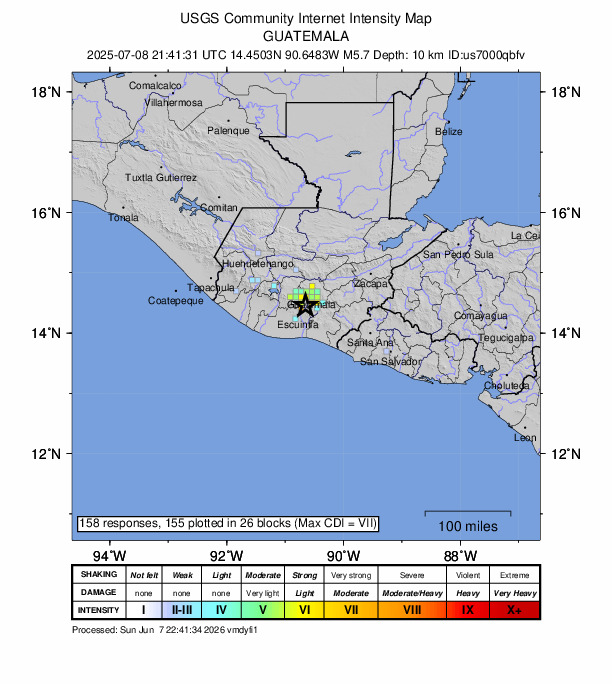 USGS DYFI community-reported intensity map for the M5.7 earthquake near 3 km SSW of Amatitlán, Guatemala
