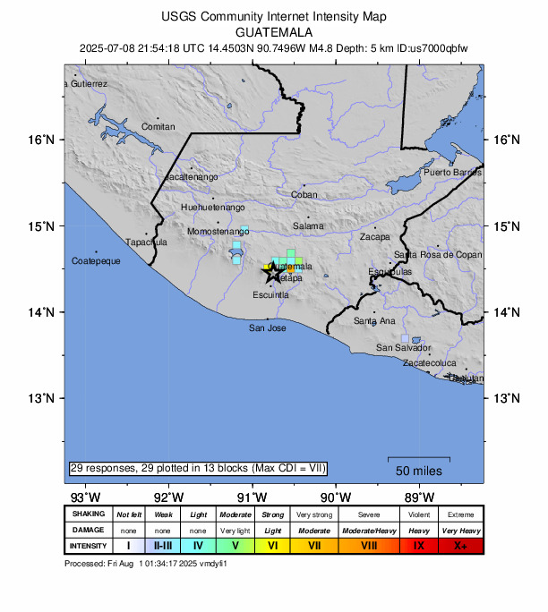 USGS DYFI community-reported intensity map for the M4.8 earthquake near 6 km SW of Santa María de Jesús, Guatemala