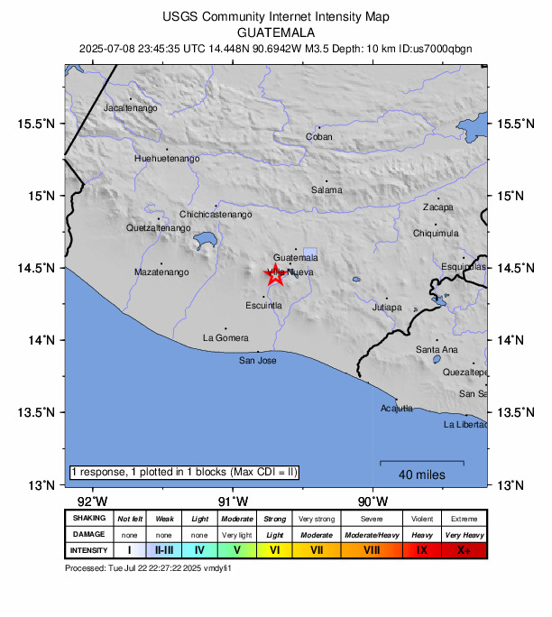 USGS DYFI community-reported intensity map for the M3.5 earthquake near 4 km N of Palín, Guatemala