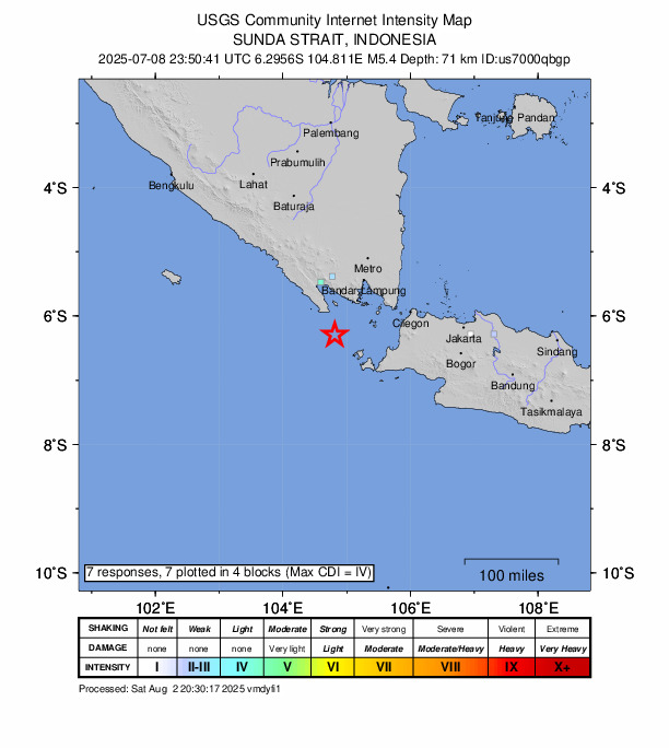 USGS DYFI community-reported intensity map for the M5.1 earthquake near 107 km SSW of Bandar Lampung, Indonesia