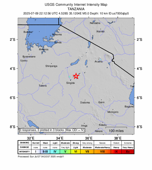 USGS DYFI community-reported intensity map for the M5.0 earthquake near 18 km SSE of Basotu, Tanzania