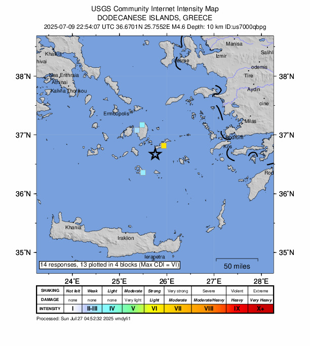 USGS DYFI community-reported intensity map for the M4.6 earthquake near 18 km SW of Amorgós, Greece