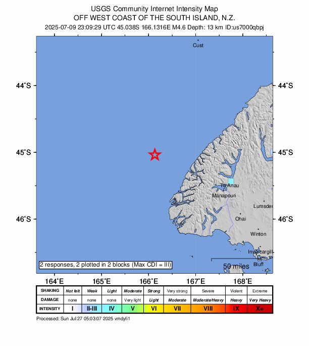 USGS DYFI community-reported intensity map for the M4.6 earthquake near 131 km WNW of Te Anau, New Zealand
