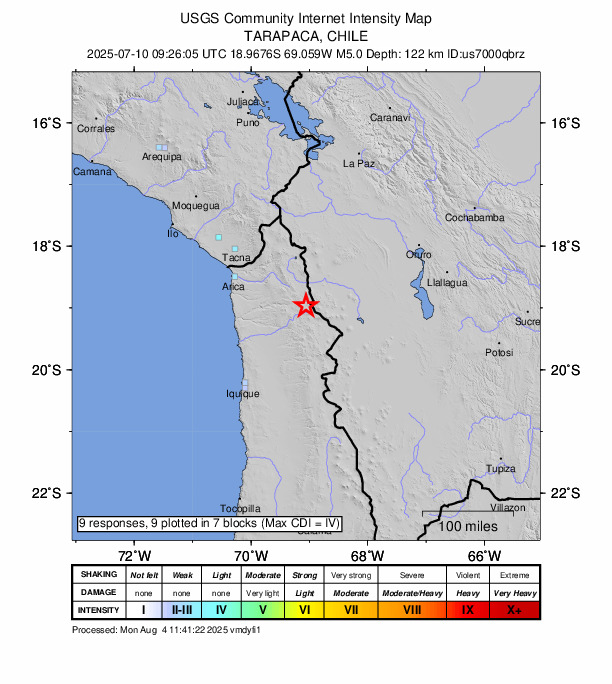 USGS DYFI community-reported intensity map for the M5.0 earthquake near 54 km NE of Camiña, Chile