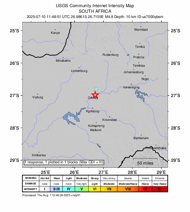 USGS DYFI community-reported intensity map for the M4.8 earthquake near 7 km SE of Orkney, South Africa