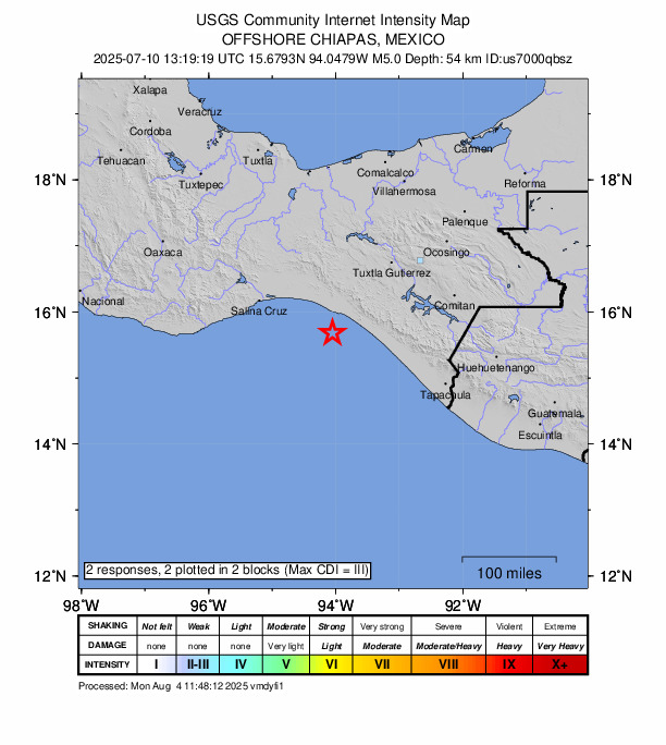 USGS DYFI community-reported intensity map for the M5.0 earthquake near 25 km SW of Doctor Belisario Dom?nguez (La Barra), Mexico