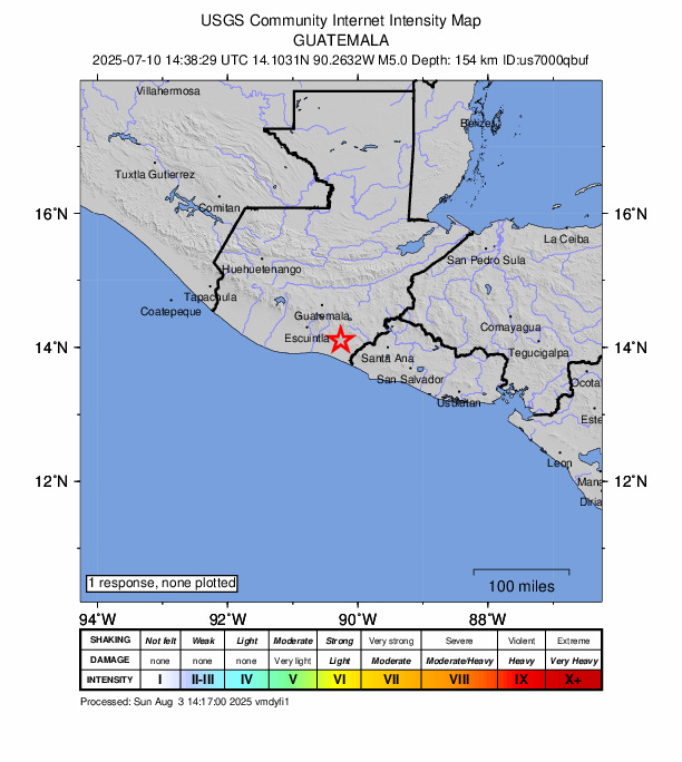 USGS DYFI community-reported intensity map for the M4.8 earthquake near 1 km SE of San Juan Tecuaco, Guatemala
