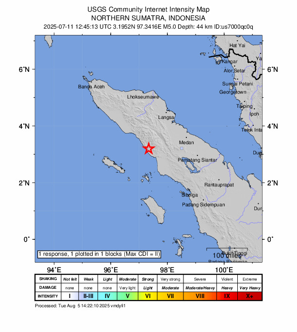 USGS DYFI community-reported intensity map for the M5.0 earthquake near 82 km SE of Blangpidie, Indonesia