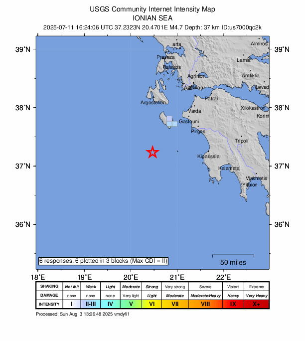 USGS DYFI community-reported intensity map for the M4.7 earthquake near 62 km SSW of Lithaki?, Greece