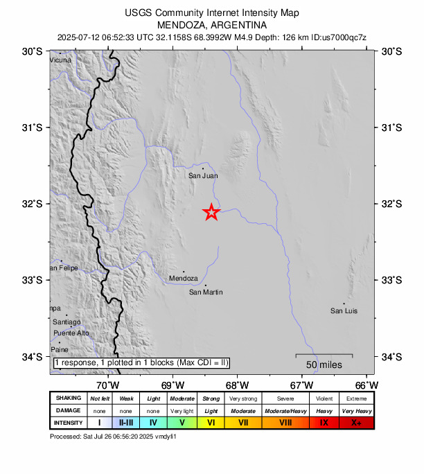 USGS DYFI community-reported intensity map for the M4.9 earthquake near Mendoza, Argentina