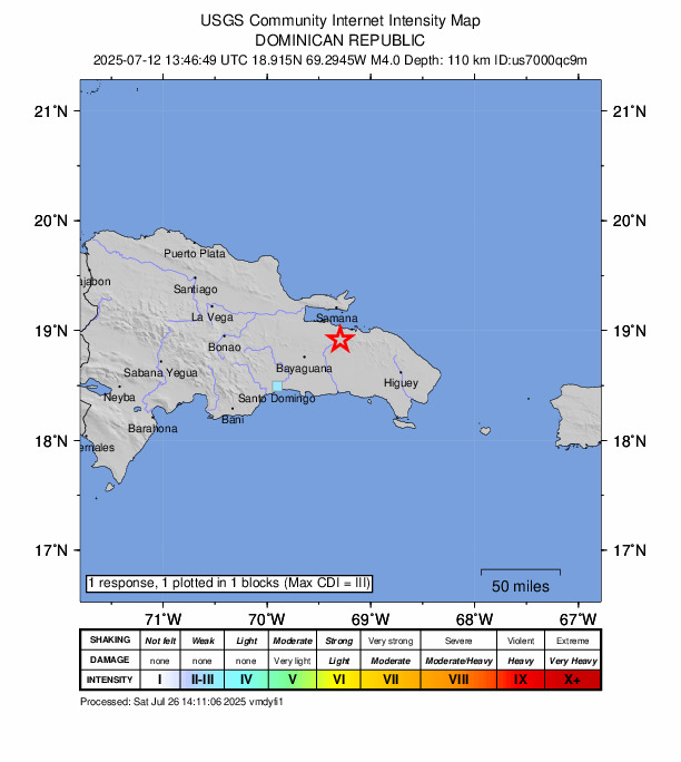 USGS DYFI community-reported intensity map for the M4.0 earthquake near 10 km SE of El Valle, Dominican Republic