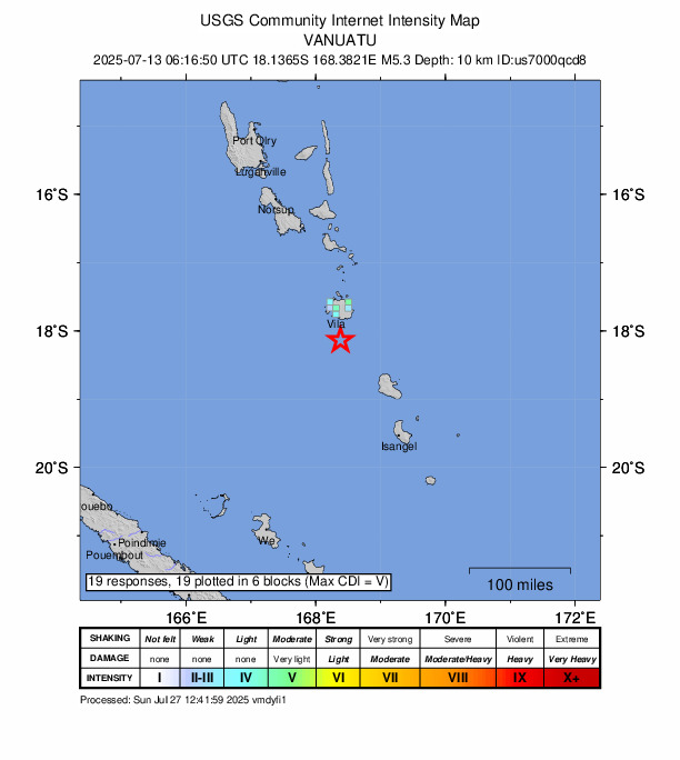 USGS DYFI community-reported intensity map for the M5.3 earthquake near 44 km S of Port-Vila, Vanuatu