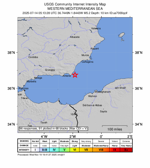 USGS DYFI community-reported intensity map for the M5.2 earthquake near 23 km E of San Jos?, Spain