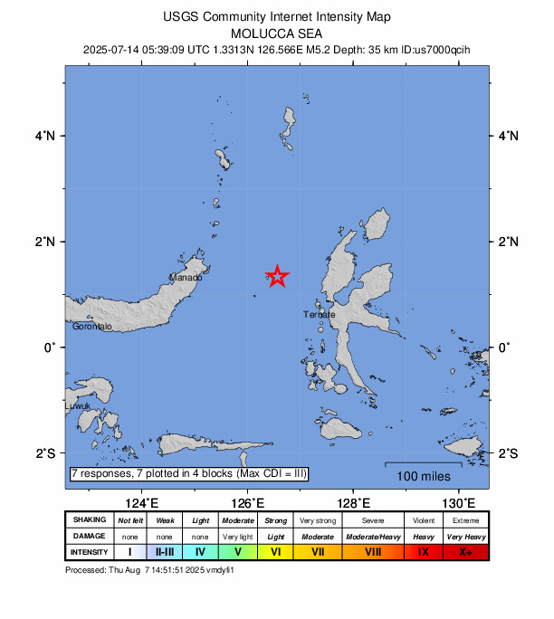 USGS DYFI community-reported intensity map for the M5.2 earthquake near 108 km WNW of Ternate, Indonesia