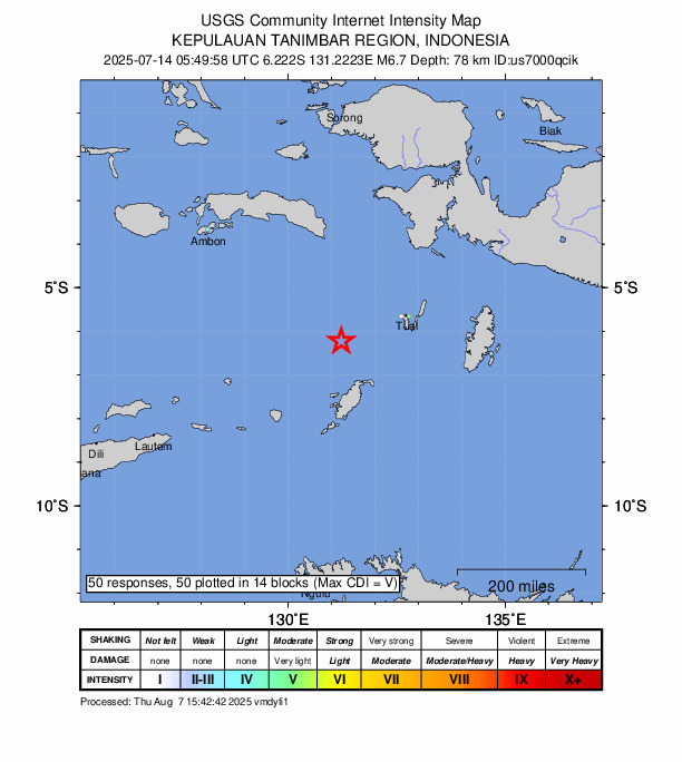 USGS DYFI community-reported intensity map for the M6.7 earthquake near 180 km WSW of Tual, Indonesia