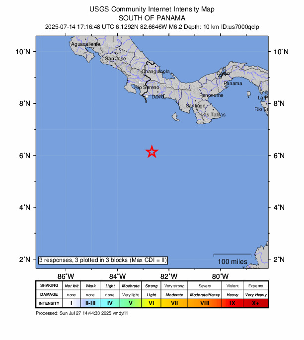 USGS DYFI community-reported intensity map for the M6.2 earthquake near 206 km S of Burica, Panama