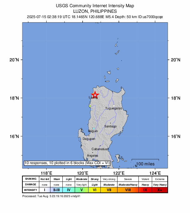 USGS DYFI community-reported intensity map for the M5.4 earthquake near 2 km SW of Piddig, Philippines