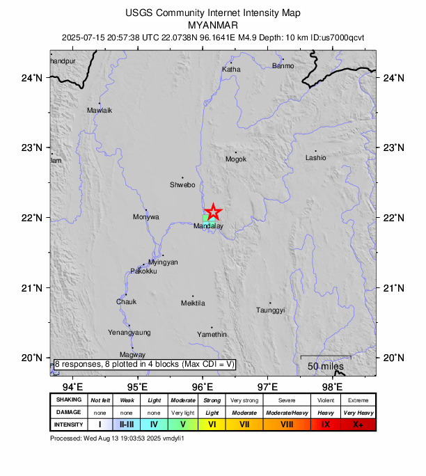 USGS DYFI community-reported intensity map for the M4.9 earthquake near 13 km NE of Mandalay, Burma (Myanmar)