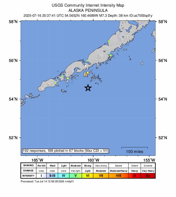 USGS DYFI community-reported intensity map for the M7.3 earthquake near 2025 Sand Point, Alaska Earthquake