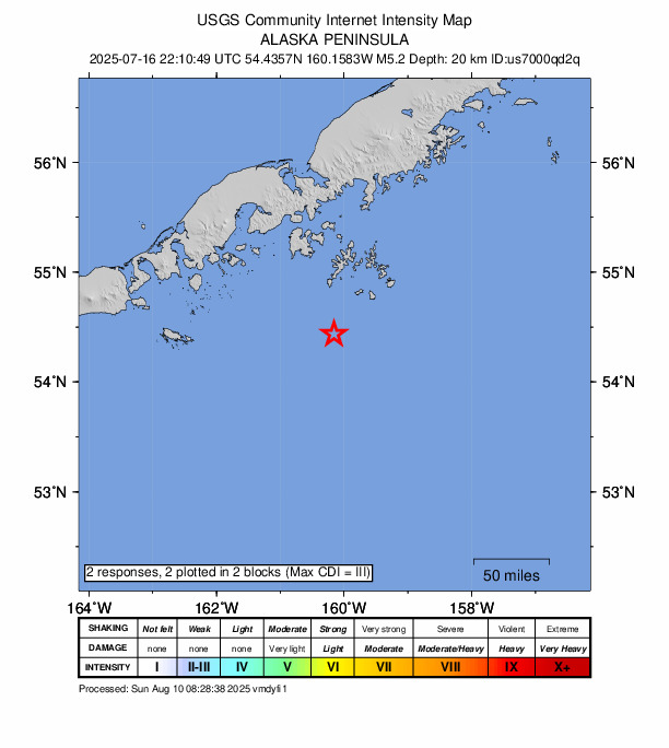 USGS DYFI community-reported intensity map for the M5.2 earthquake near 102 km SSE of Sand Point, Alaska