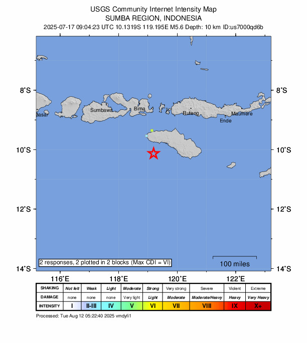 USGS DYFI community-reported intensity map for the M5.6 earthquake near 76 km S of Tambolaka, Indonesia