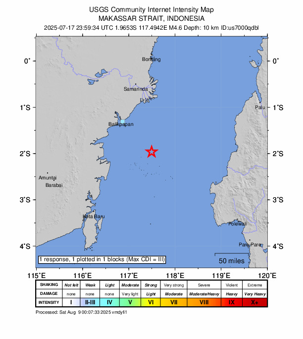 USGS DYFI community-reported intensity map for the M4.6 earthquake near 106 km SE of Balikpapan, Indonesia